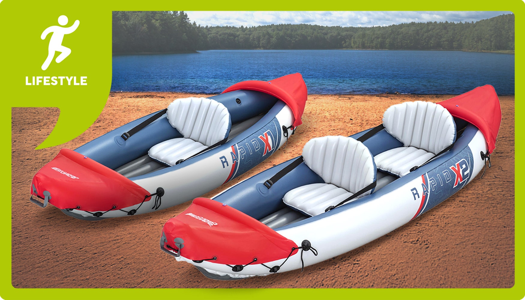 2 inflatable kayaks on a shoreline; 1 single and 1 double kayak with lake and trees in background