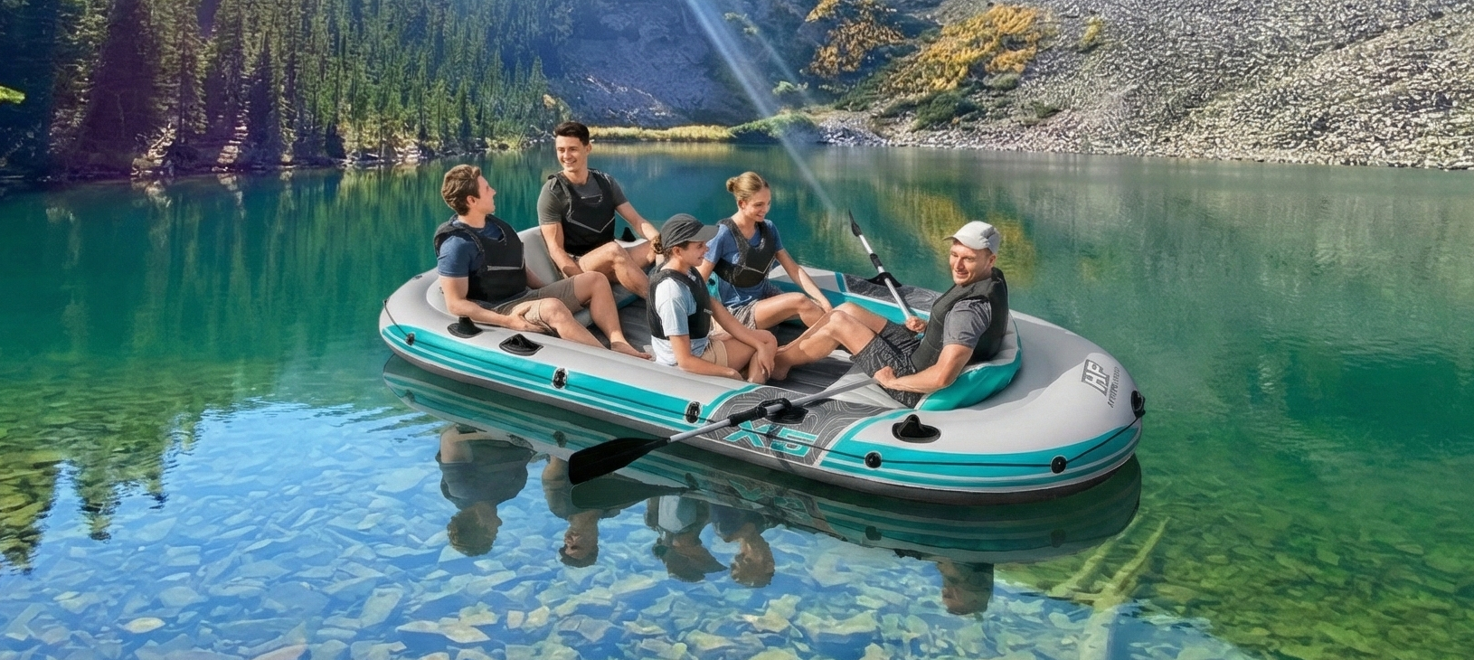 Five friends relaxing on a Hydro Force Adventure Elite raft on a beautiful lake with clear water and trees in the background.