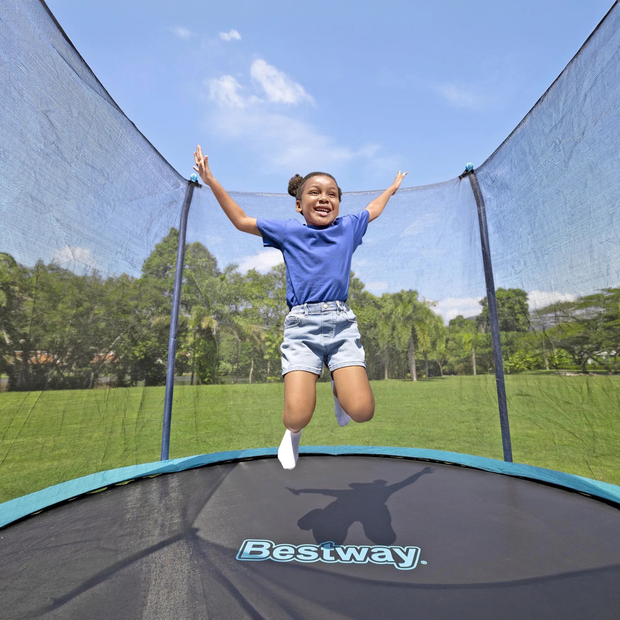 Bestway Trampolines banner shows a young girl jumping on an Xtreme Air trampoline outdoors in the beautiful weather.