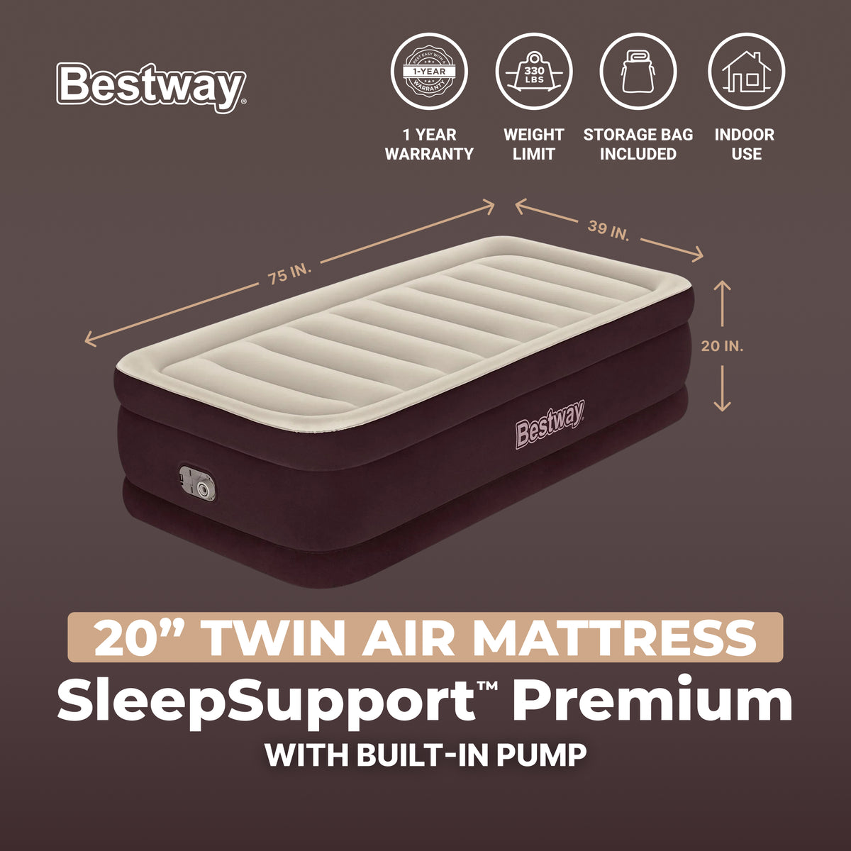 Bestway Maroon SleepSupport Premium 20" Twin Air Mattress with Built-in AC Pump