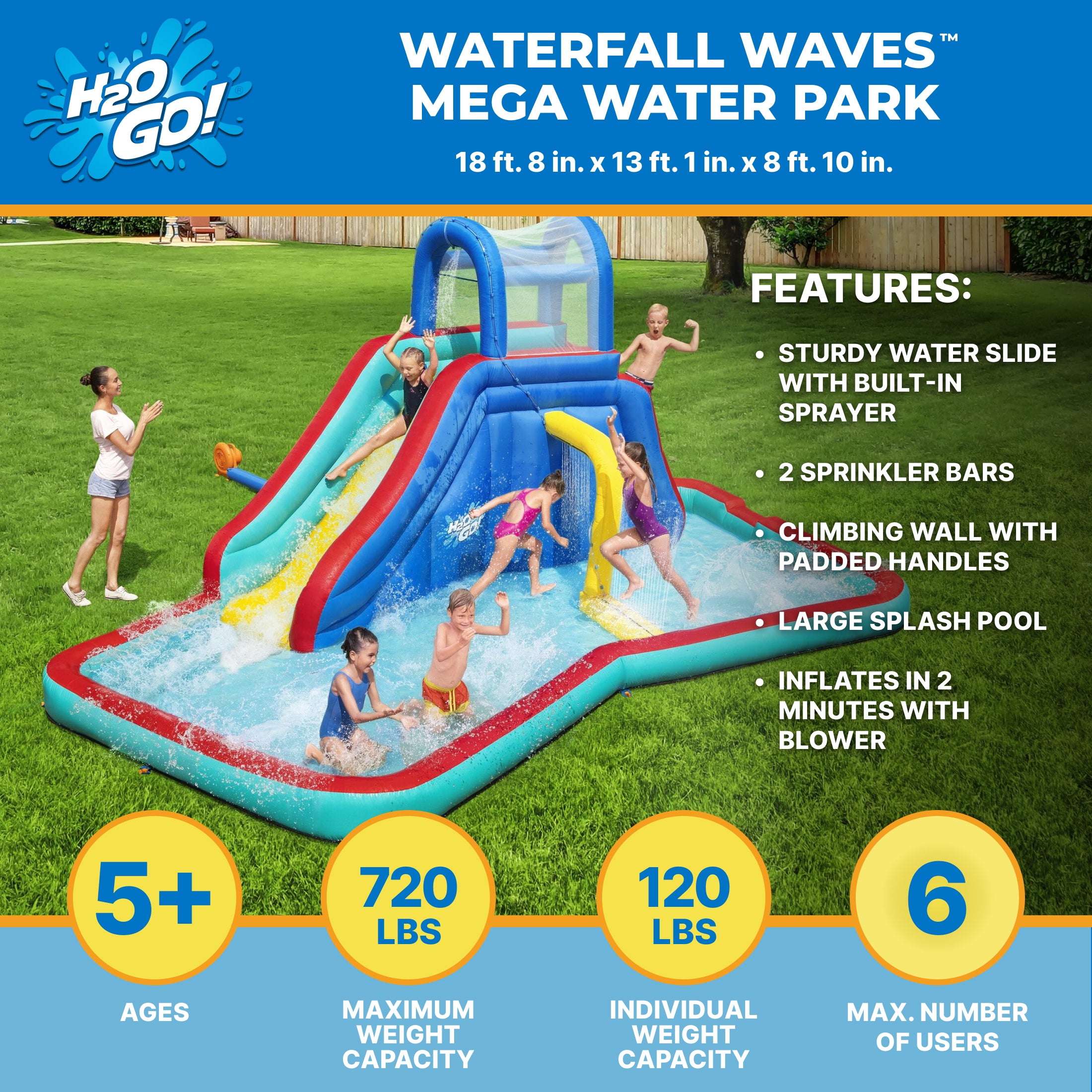 H2OGO! Waterfall Waves Kids Inflatable Water Park 18’8”