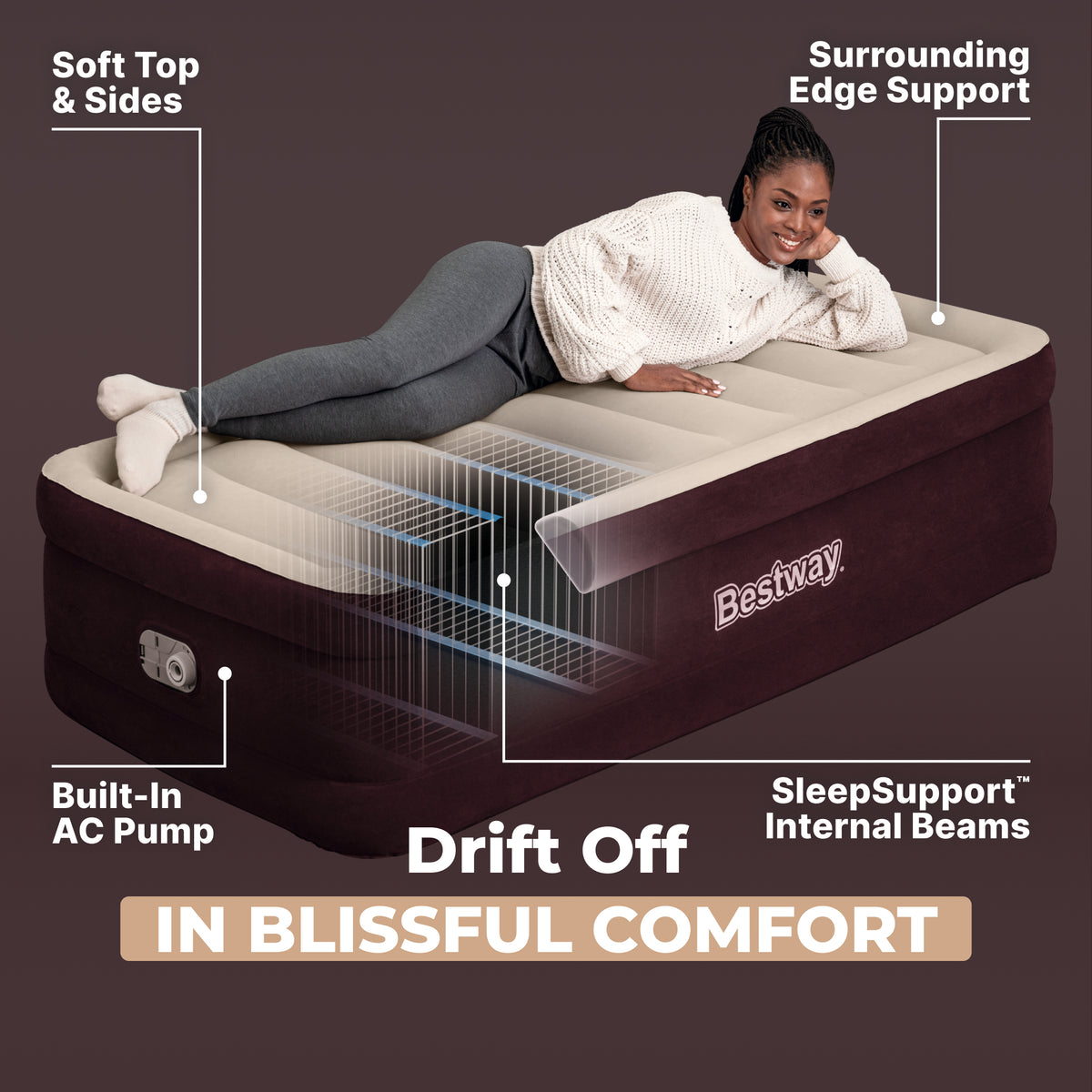 Bestway Maroon SleepSupport Premium 20" Twin Air Mattress with Built-in AC Pump