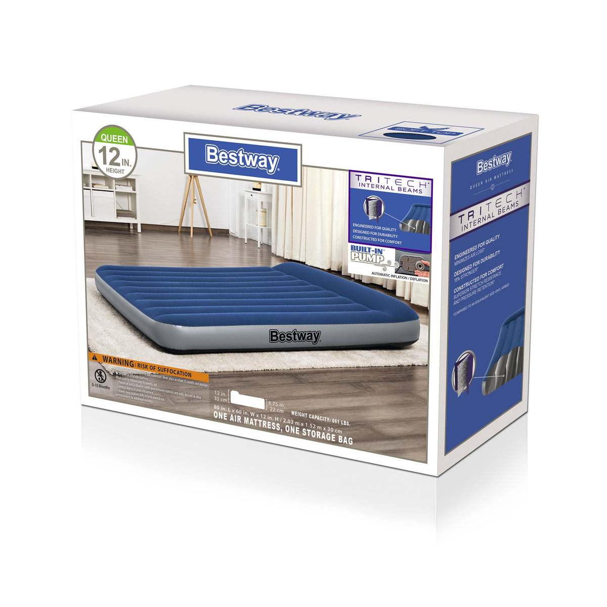 Bestway Tritech Air Mattress Queen 12” with Built-in AC Pump
