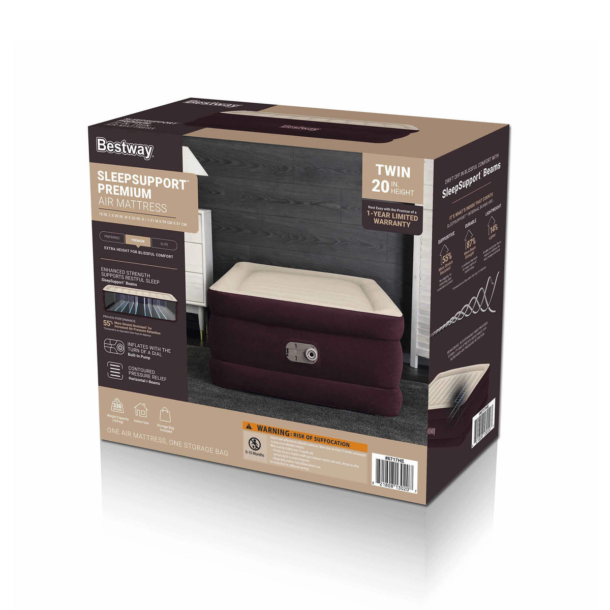Bestway Maroon SleepSupport Premium 20" Twin Air Mattress with Built-in AC Pump